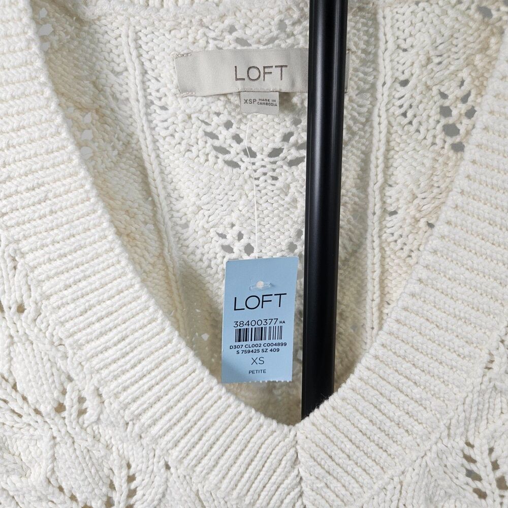 NWT LOFT Petite XS White Pointelle Knit Sweater Vest V-Neck Cotton Preppy Boho - Picture 3 of 8
